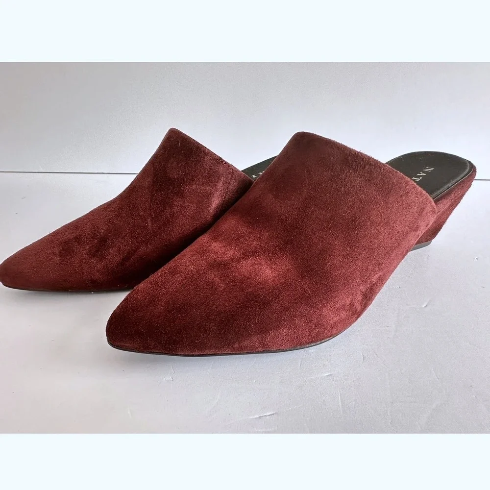 Natori Burgundy Academia Minimalist Suede Pointed Toe Wedge Mules Womens US 5